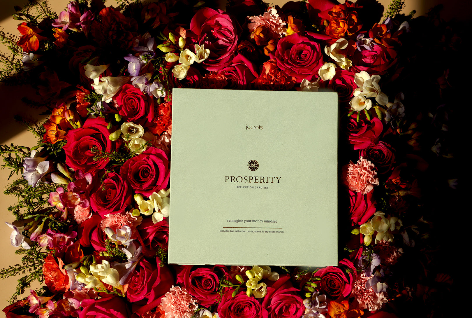 Prosperity Ritual Book Box embossed gold foil in bed of roses. affirmation cards, mirror work. 