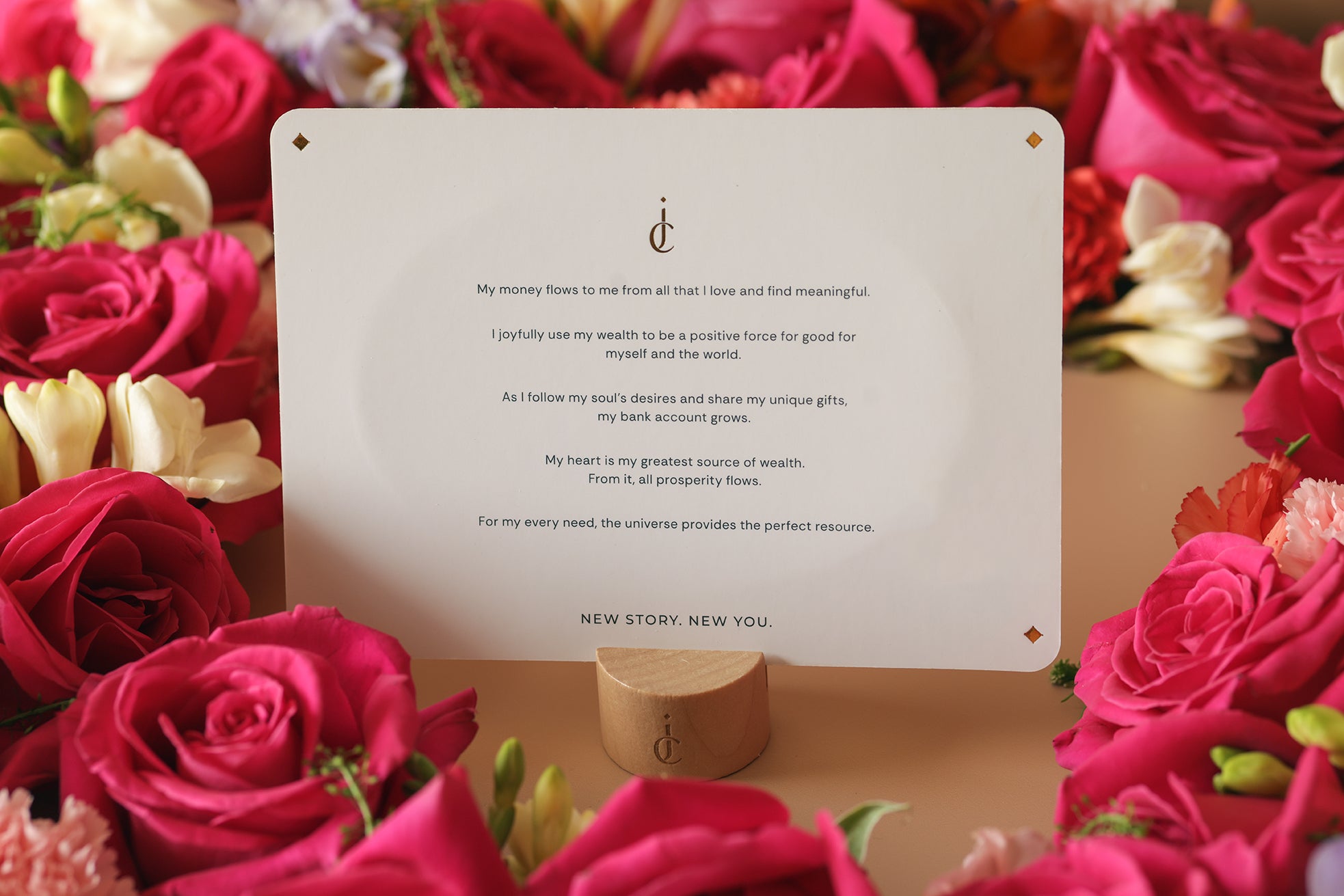 Affirmation card bamboo stand surrounded by flowers